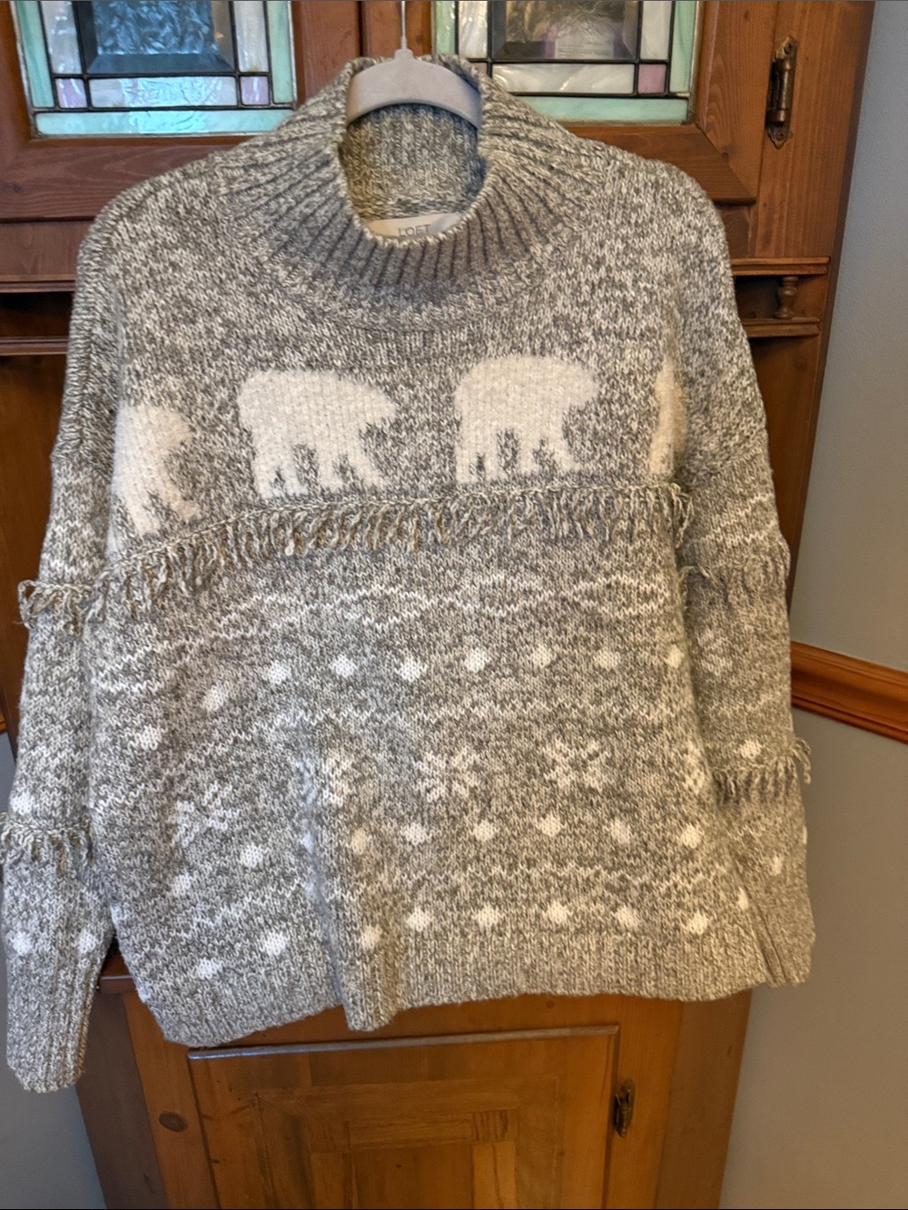 LOFT Polar Bear Fair Isle Fringe Sweater Grey White XL Winter Holiday Cozy